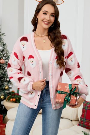 Pink Christmas Santa Claus Pattern Button V Neck Sweater Cardigan - Image 7