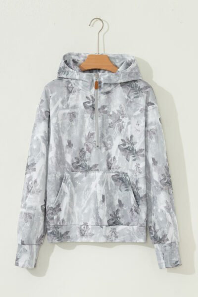 Gray Camo Leaf Print Kangaroo Pocket Quarter Zip Hoodie
