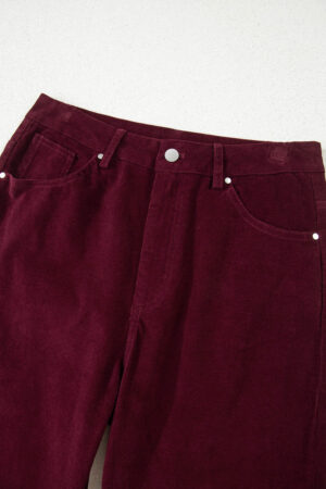 Burgundy Corduroy Solid Color High Waist Wide Leg Pants - Image 17