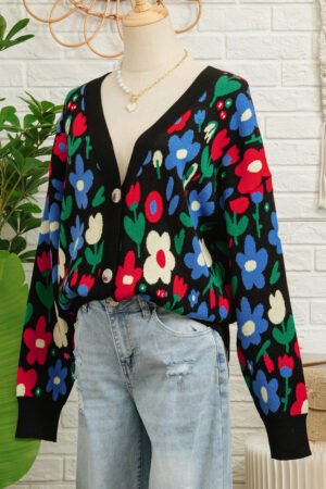 Black Floral Print V Neck Buttoned Short Cardigan Sweater - Image 16