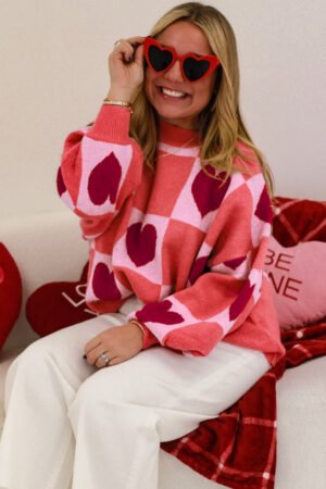 Pink Plus Size Love Heart Block Mock Neck Lantern Sleeve Valentine Sweater - Image 2