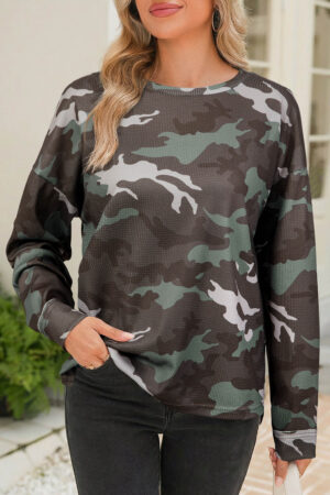 Green Camouflage Print Textured Drop Shoulder Long Sleeve Top - Image 4