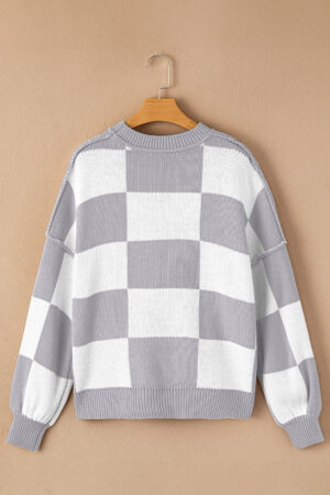 Gray Checkered Bishop Sleeve Sweater - Image 5