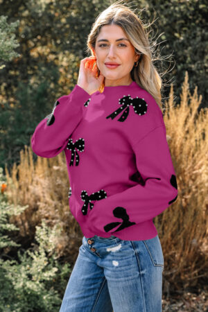 Bright Pink Pearl Embellished Bow Pattern Loose Sweater - Image 3