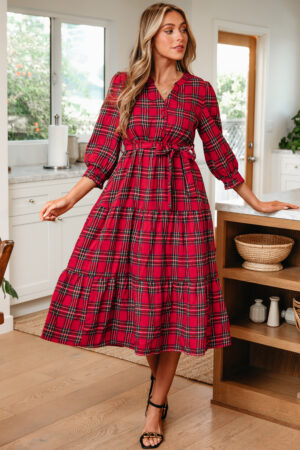 Red Christmas Plaid V Neck 3/4 Sleeve Tie Waist Ruffle Hem Long Dress - Image 6