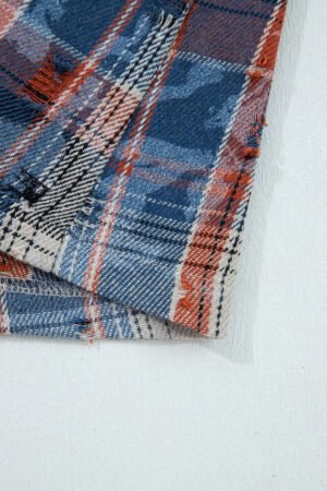 Ashleigh Blue Boho Floral Plaid Patchwork Distressed Detail Ruffled Sleeve Waffle Knit Shacket - Image 11