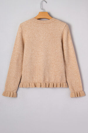 Oatmeal Ruffle Trim Gold Button Sweater Cardigan - Image 7