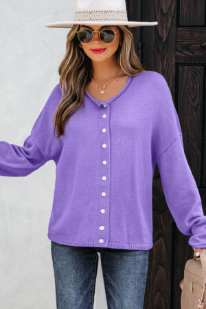 Wisteria Solid Color Knit Button Drop Shoulder Sweater Cardigan - Image 10