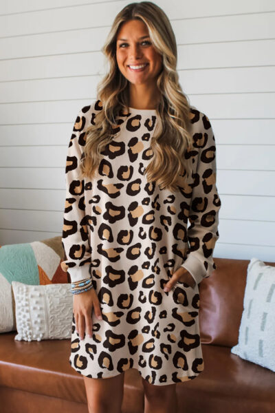 Alternative view of Khaki Leopard Long Sleeve Shift T Shirt Dress with Pockets