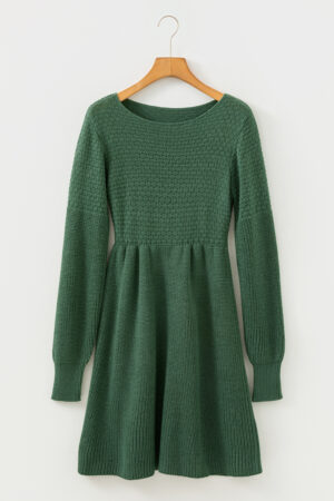 Mist Green Solid Lantern Sleeve Empire Waist Short Sweater Dress - Image 4