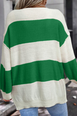 Alternative view of Green Stripe Loose Color Block Drop Shoulder Bubble Sleeve Sweater