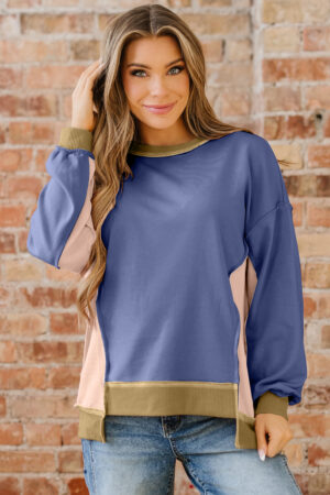 Wild Wind Color Block Mix Texture Waffle Patchwork Oversize Sweatshirt - Image 10