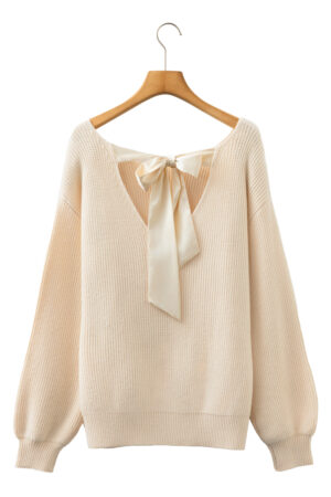 Jet Stream Ribbed Knit Ribbon Knot Backless Drop Shoulder Sweater - Image 18