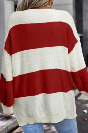 Alternative view of Red Stripe Loose Color Block Drop Shoulder Bubble Sleeve Sweater