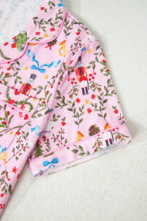Pink Nutcracker Doll Christmas Print Ribbon Tie Waist Short 2pcs Pajama Set - Image 12