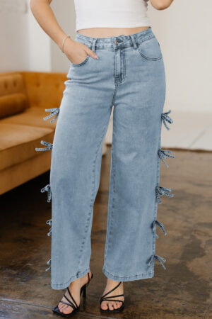 Beau Blue Bow Knot Side Detail Straight Leg Loose Jeans - Image 9