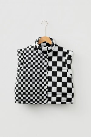 Black Double Checked Stand Collar Cropped Puffer Vest - Image 5