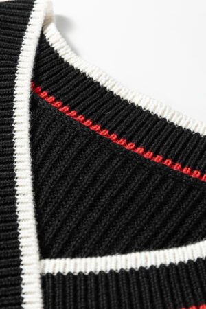 Black Contrast Striped Trim V Neck Drop Shoulder Sweater - Image 12