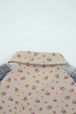 Ashleigh Blue Boho Floral Plaid Patchwork Distressed Detail Ruffled Sleeve Waffle Knit Shacket - Image 9