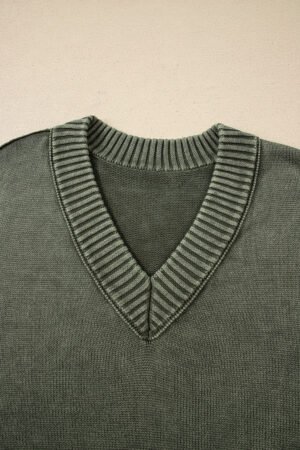 Four Leaf Clover Mineral Wash V Neck Knit Exposed Seam Drop Shoulder Loose Sweater - Image 7