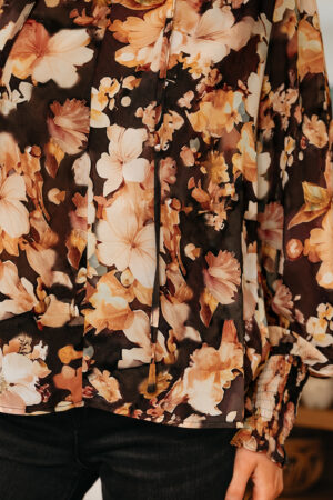 Black Floral V Neck Long Puff Sleeve Breezy Blouse - Image 11