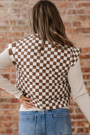 Brown Double Checked Stand Collar Cropped Puffer Vest - Image 10