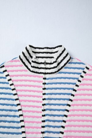 Multicolour Striped Color Block Patchwork Half Zip Drop Shoulder Long Sleeve Top - Image 7