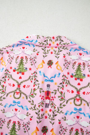 Pink Nutcracker Doll Christmas Print Ribbon Tie Waist Short 2pcs Pajama Set - Image 15