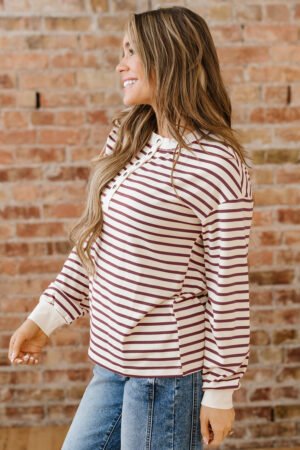 Red Dahlia Striped Print Drop Shoulder Long Sleeve Henley Top - Image 11