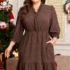 Coffee Plus Size Frilled Trim V Neck Puff Sleeve Textured Mini Dress