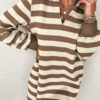 Khaki Stripe Collared V Neck Long Sleeve Loose Casual Dress