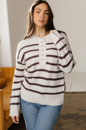 Brown Stripe Ribbed Henley Drop Shoulder Slouchy Sweater - Image 14