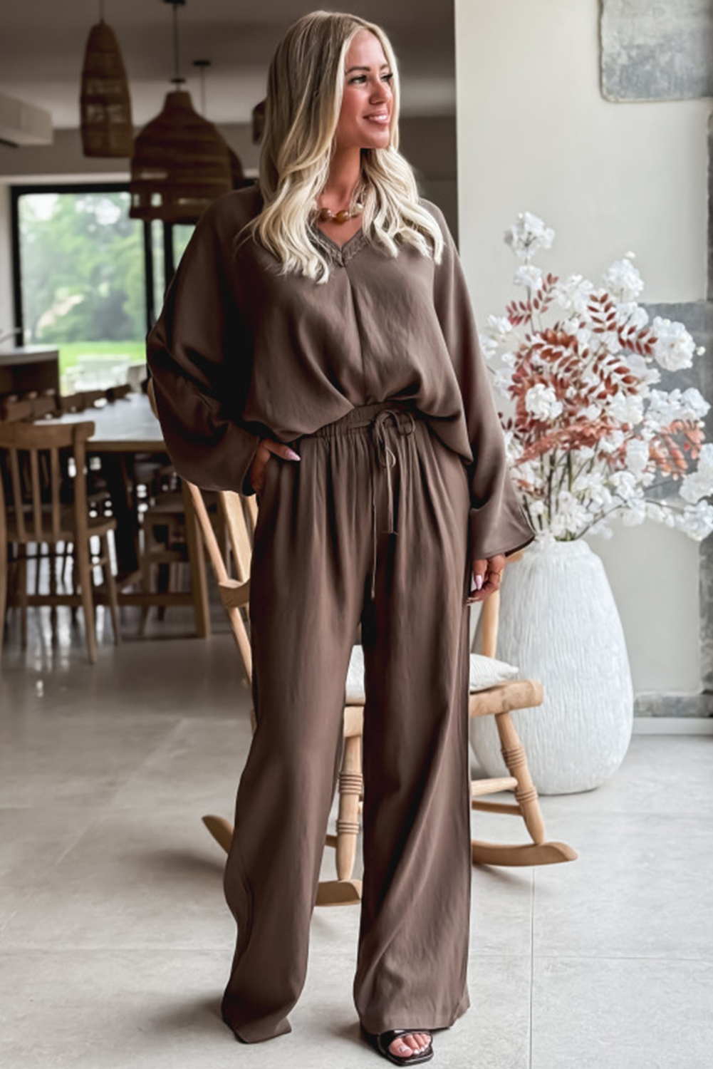Dark Brown Braided V Neck Long Sleeve Loose Top and Drawstring High Waist Pants 2pcs Outfit Dark Brown Braided V Neck Long Sleeve Loose Top and Drawstring High Waist Pants 2pcs Outfit