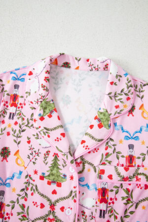 Pink Nutcracker Doll Christmas Print Ribbon Tie Waist Short 2pcs Pajama Set - Image 9