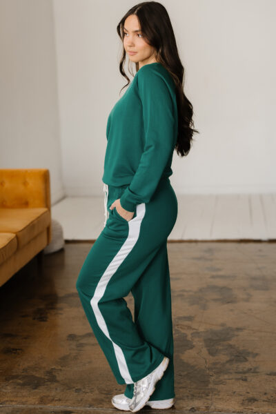 Alternative view of Sea Green Solid Color Pullover Top Varsity Stripe Detail Loose Drawstring Pants Set