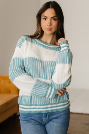 Light Blue Two Tone Striped Patchwork Drop Shoulder Loose Sweater - Image 17