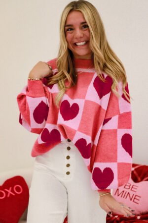 Pink Plus Size Love Heart Block Mock Neck Lantern Sleeve Valentine Sweater - Image 4