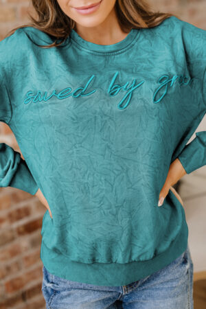 Sea Green saved by grace Letter Embroidery Mineral Wash Loose Sweatshirt - Image 11