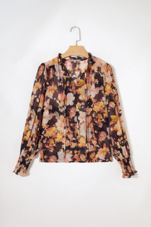 Black Floral V Neck Long Puff Sleeve Breezy Blouse - Image 12