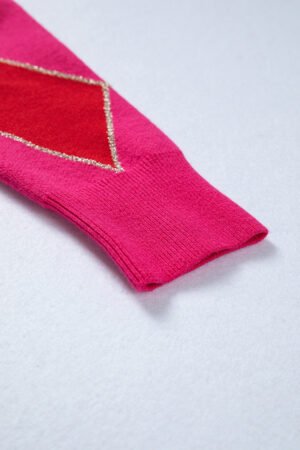 Christmas Rose Red Glitter Rhombus Pattern Knit Womens Casual Sweater - Image 6