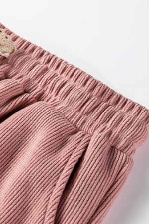 Rose Tan Lace Drawstring Pullover Hoodie and High Waist Pants Corduroy Suit - Image 12