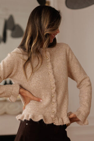 Oatmeal Ruffle Trim Gold Button Sweater Cardigan - Image 4