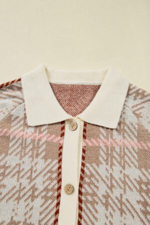 Khaki Vintage Pattern Ribbed Trim Button Front Plus Size Cardigan Sweater - Image 7