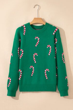 Dark Green Christmas Candy Cane Holiday Drop Shoulder Sweater - Image 8