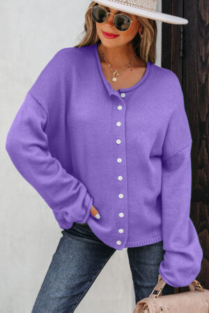 Wisteria Solid Color Knit Button Drop Shoulder Sweater Cardigan - Image 12