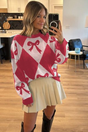 Red Bow Print 2-tone Rhombus Knit Loose Sweater - Image 2
