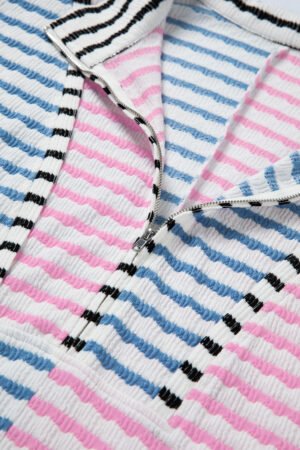 Multicolour Striped Color Block Patchwork Half Zip Drop Shoulder Long Sleeve Top - Image 8