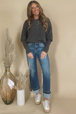 Carbon Grey Twisted Ribbed Dolman Long Sleeve Top - Image 3