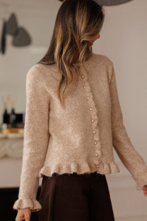 Oatmeal Ruffle Trim Gold Button Sweater Cardigan - Image 5