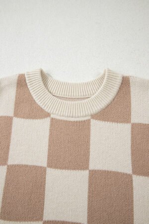 Parchment Checkered Pattern Ribbed Trim Knit Baggy Sweater - Image 8